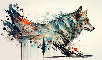 Colorful watercolor painting of a running wolf with splashing paint.