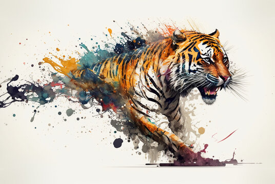 Colorful watercolor painting of a running tiger with splashing paint.