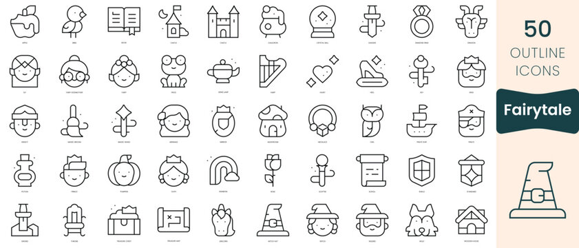 Set of fairytale icons. Thin linear style icons Pack. Vector Illustration
