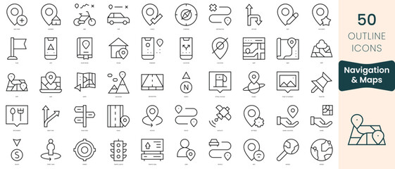 Set of navigation and maps icons. Thin linear style icons Pack. Vector Illustration