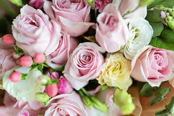 Bouquet of fresh pink flowers close up, holiday background.