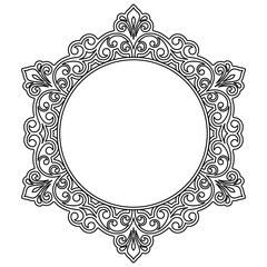 Oriental vector round black and white ornament with arabesques and floral elements. Traditional classic ornament. Vintage pattern with arabesques