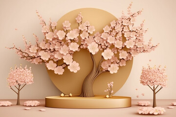 Beige podium display with Sakura pink flower tree branch. Cosmetic or beauty product promotion step floral pedestal