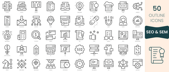 Obraz na płótnie Canvas Set of seo and sem icons. Thin linear style icons Pack. Vector Illustration