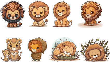 Vector collections of kawaii and cute lions. Bundle of lions