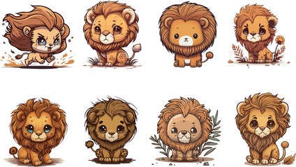 Vector collections of kawaii and cute lions. Bundle of lions