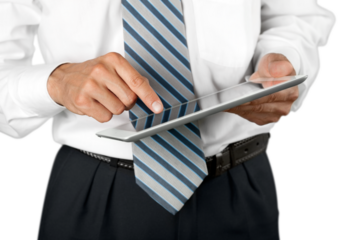 Young business man in suit using digital tablet isolated on white background