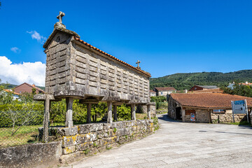 The long and narrow grain store, horreo at Carnota in Galicia, Spain.