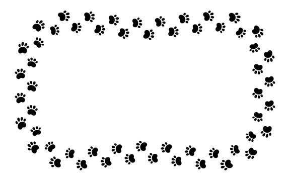 Dog paw print rectangle frame. Cute cat pawprint frame. Pet foot trail border. Black dog step silhouette. Simple doodle drawing. Vector illustration isolated on white background.