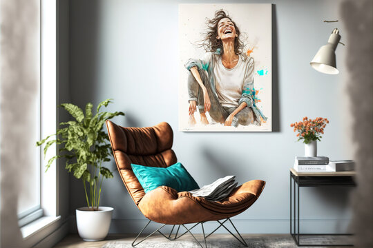 Happy woman resting comfortably sitting on modern chair in the living room at home