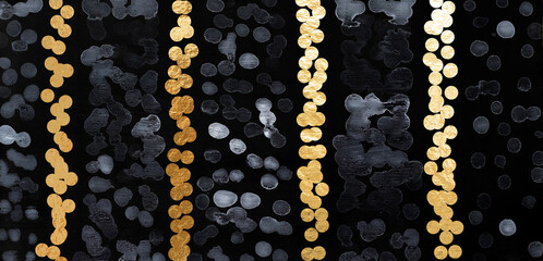 Elegant abstract black background with white tint drops and gold circles. Banner. Art Moderne design.