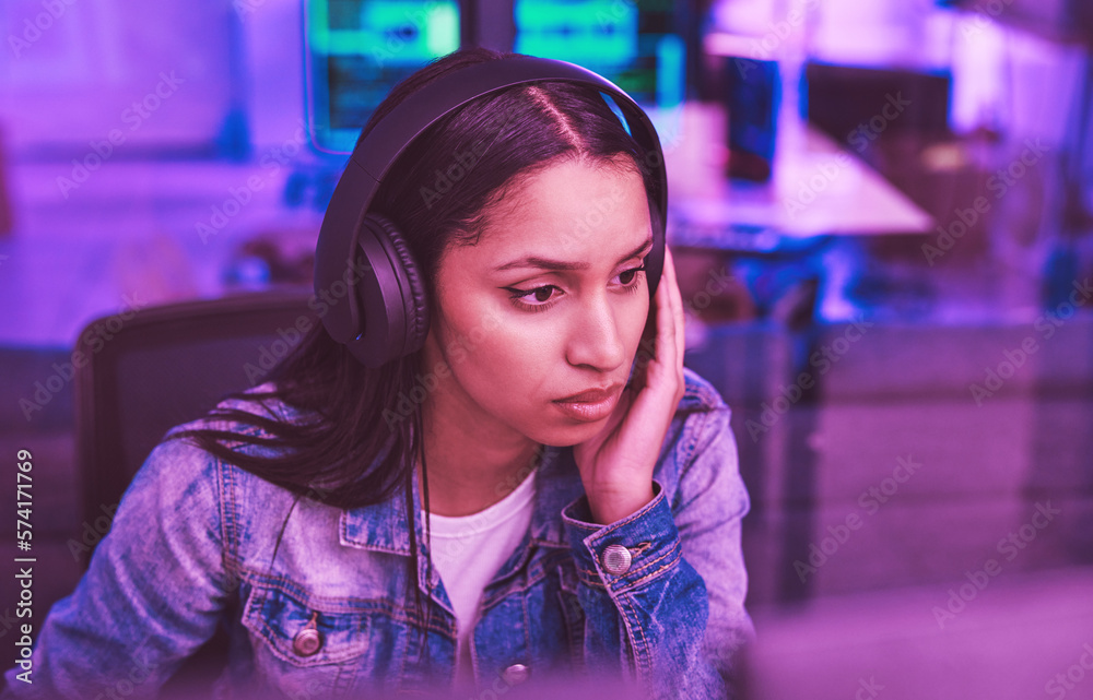 Leinwandbilder Thinking woman, computer or headphones in neon strategy for iot coding, night programming or code cybersecurity. Programmer, developer or desktop technology and music or podcast for ux ideas planning
