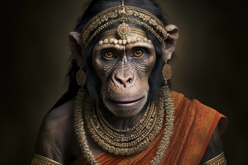 Studio portrait of a female chimp wearing traditional Indian bridal jewellery and costumes. Created using Generative AI