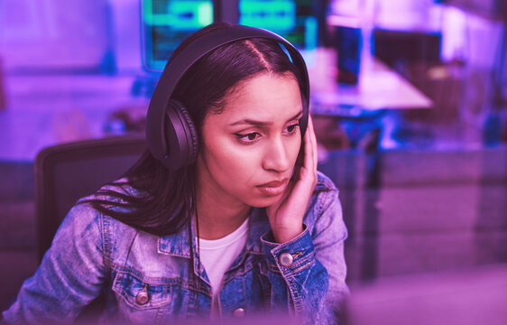 Thinking woman, computer or headphones in neon strategy for iot coding, night programming or code cybersecurity. Programmer, developer or desktop technology and music or podcast for ux ideas planning