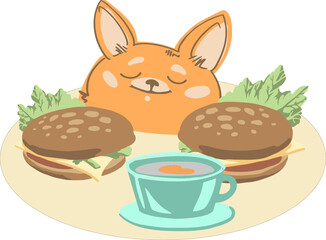 Illustration of a Cute Fox Eating a Burger and a Cup of Tea