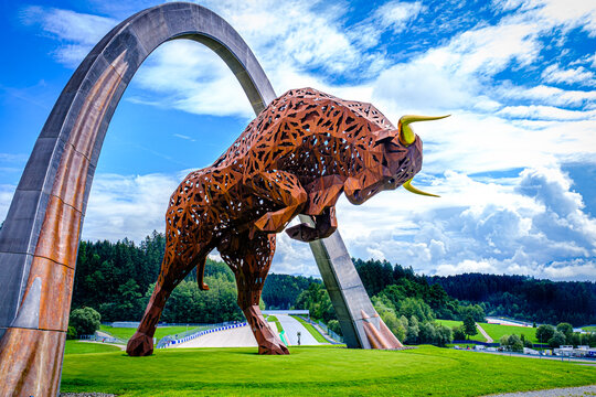 SPIELBERG, AUSTRIA - 15 August 2020 : statue of a bull on the red bull ring, spielberg circuit, notably receiving the grand prix of formula 1 and Moto GP