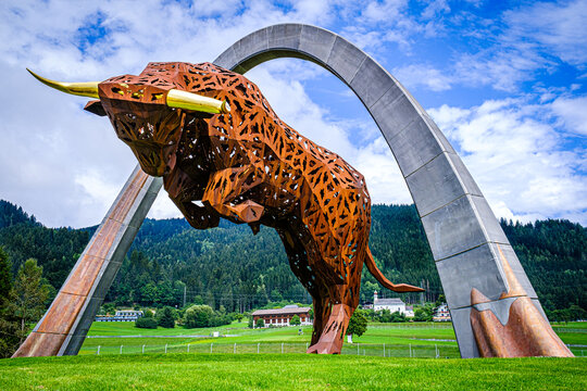 SPIELBERG, AUSTRIA - 15 August 2020 : statue of a bull on the red bull ring, spielberg circuit, notably receiving the grand prix of formula 1 and Moto GP