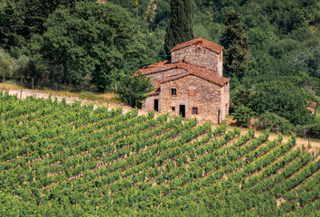 Traditional old stone house at a vineyard amongst the grape vines in the famous Chianti wine Region...