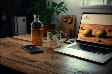 Minimal home workspace with laptop mockup and accessories on wood table and a cold drink