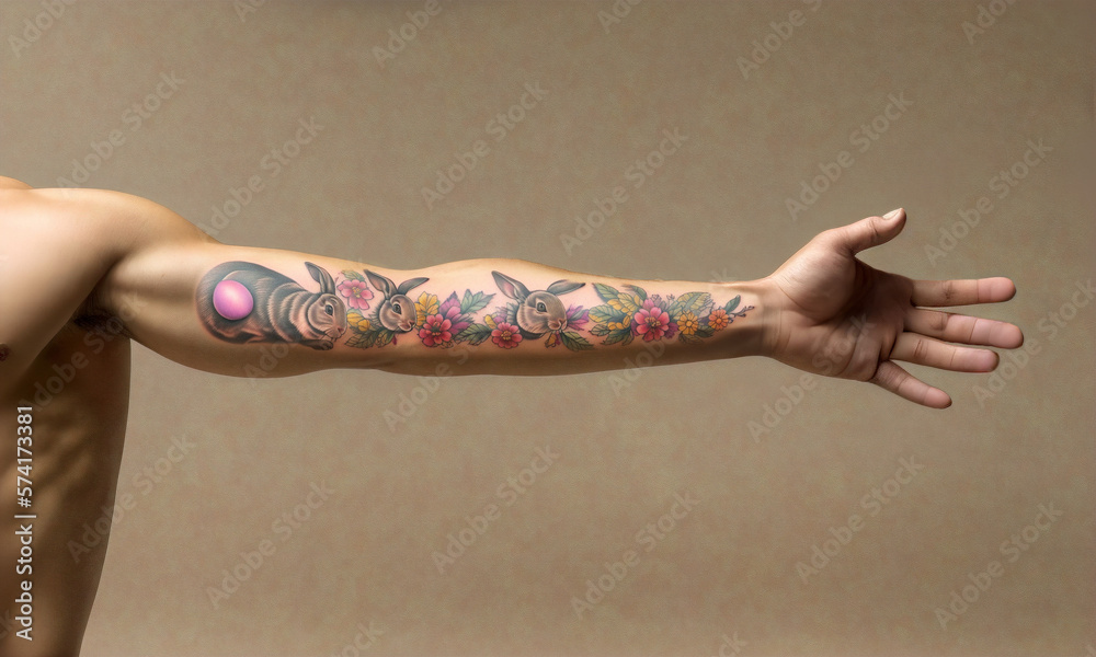 Wall mural Happy easter! A super realistic easter bunny / easter eggs tattoo on a man arm - Decoration concept for greetings and presents on Easter Day celebrate time / Copy Space / Space for Text / Easteregg