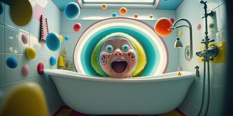 A Fictional Crazy Laughing Baby Giggling in a Bubble bath Surounded by Color Balls, psychedelic, Generative IA