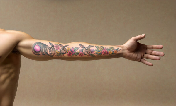 Happy easter! A super realistic easter bunny / easter eggs tattoo on a man arm - Decoration concept for greetings and presents on Easter Day celebrate time / Copy Space / Space for Text / Easteregg
