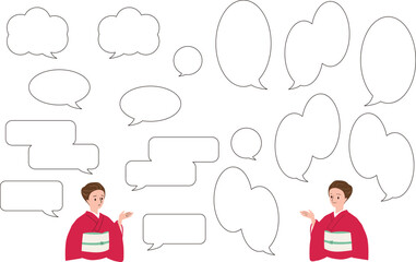 着物女性と吹き出しセット　白黒