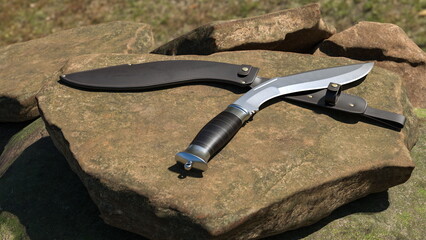 Kukri knife and leather scabbard lying on a stone. 3D rendering