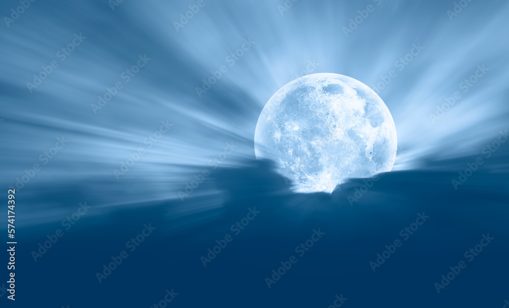 Poster night sky with full bright moon in the clouds 