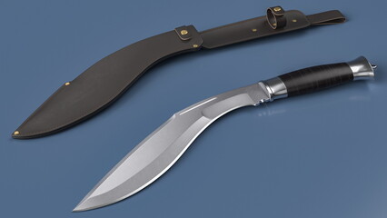 Kukri knife and leather scabbard lying on a grey plane. 3D rendering