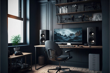 Modern contemporary dark home office interior design with pc computer, VR headset gaming