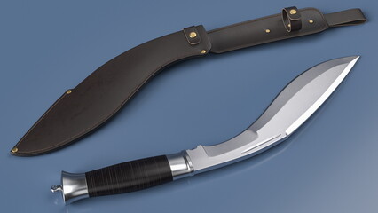 Kukri knife and leather scabbard lying on a grey plane. 3D rendering