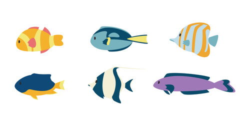 Set of different fish in flat style. Beautiful underwater inhabitants.