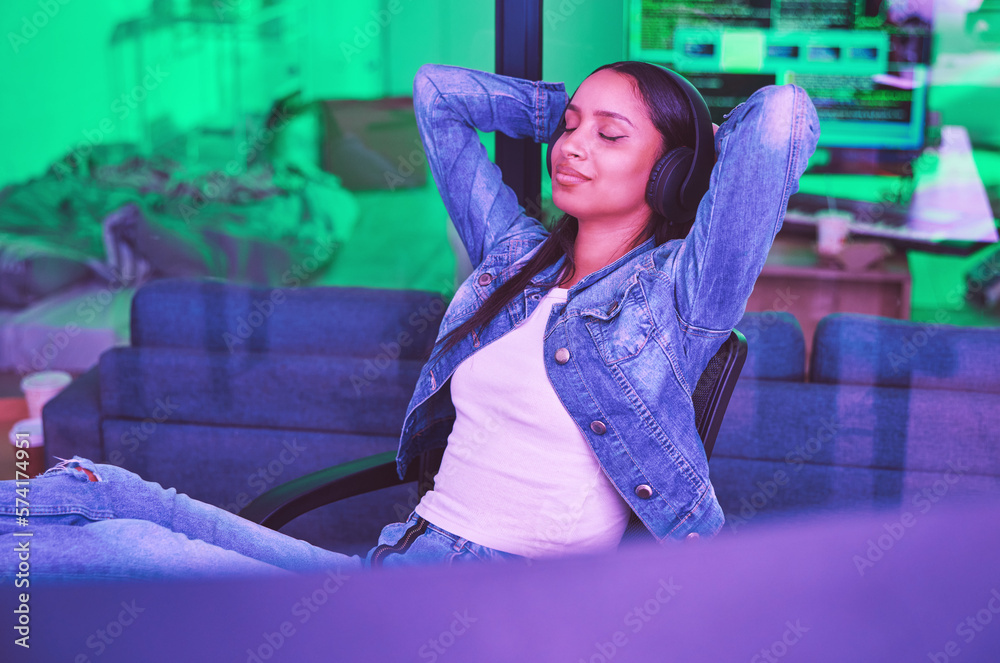 Leinwandbilder woman, headphones or relax in neon house after technology coding, software development or cybersecur