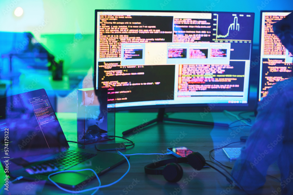 Leinwandbilder Developer, code or computer screen in neon programming, cybersecurity ransomware or SEO night phishing in basement. Hacker, programmer or woman on technology coding for dark software, iot bug or scam