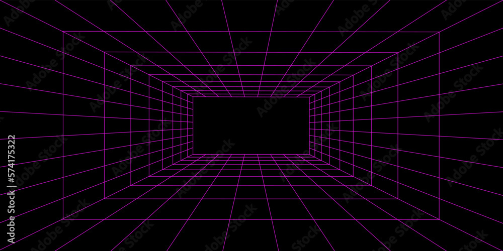 Wall mural Symmetry wireframe tunnel for retro futuristic background