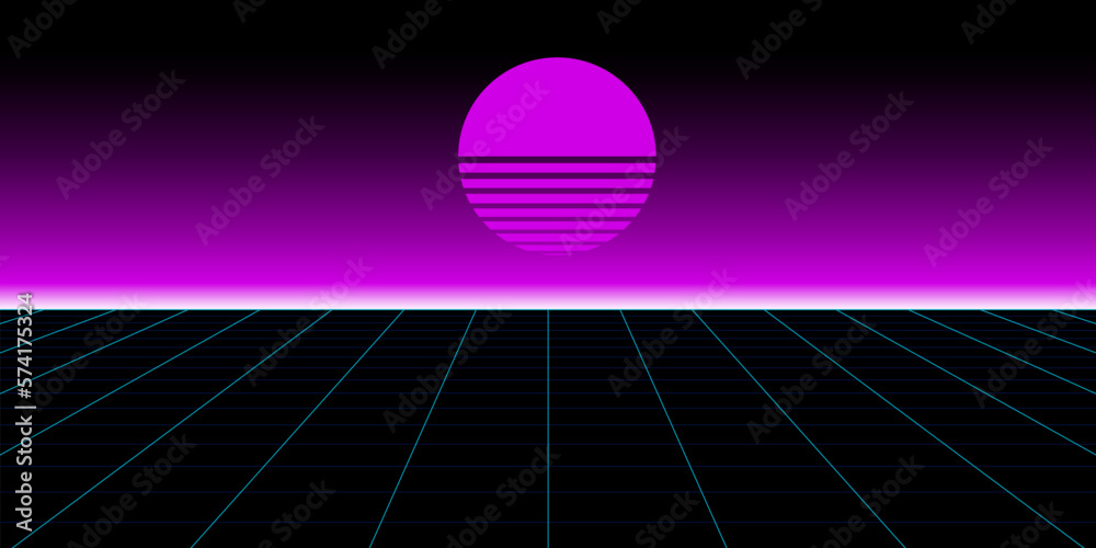 Poster sunset landscape in retro futuristic style