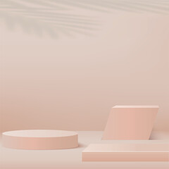 3d cream color podium and minimal cream color wall scene. 3d podium minimal abstract background. Pastel color abstract room design. Vector