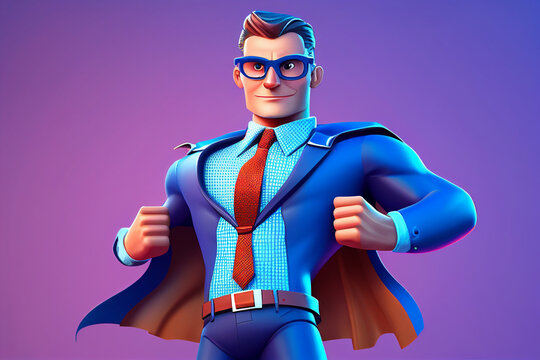 3d cartoon character cute smiling businessman superhero in a suit, image ai midjourney generated