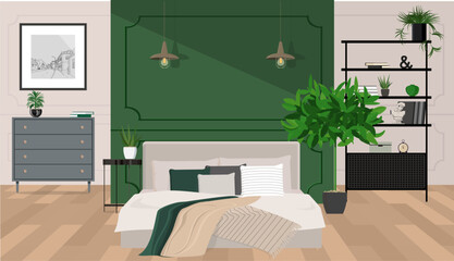 Industrial lamps and wooden commode in contemporary bedroom interior with urban jungle.