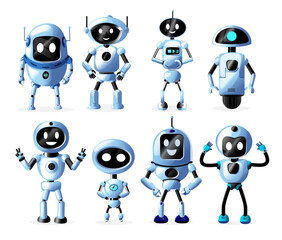 Robot characters vector set. Robotic character in white background with standing pose for retro collection design. Vector illustration robot collection.
