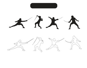 Fencing Game Players Silhouette and Line Icons Vector Illustration 