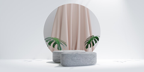 stone display podium with cloth curtain for product presentation. 3d rendering