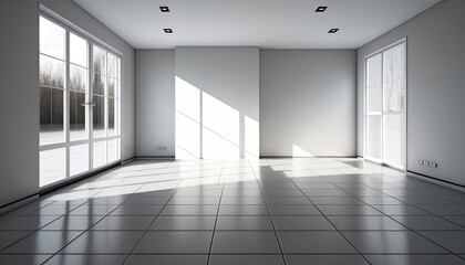 Interior of new apartment, empty living room, tiled floor. Generative ai