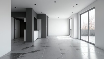 Interior of new apartment, empty living room, tiled floor. Generative ai