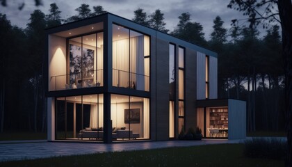 Modern design residential family house facade at dusk. Generative ai