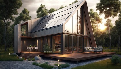 Modern house with patio area and solar panels. Generative ai