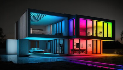 Modern villa with colored led lights at night. Generative ai