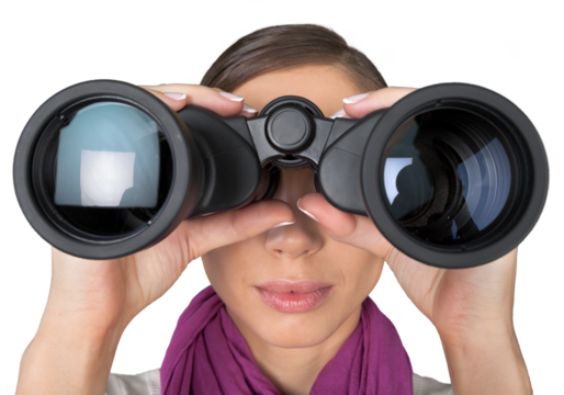 Girl looking into binoculars on light background - Powered by Adobe
