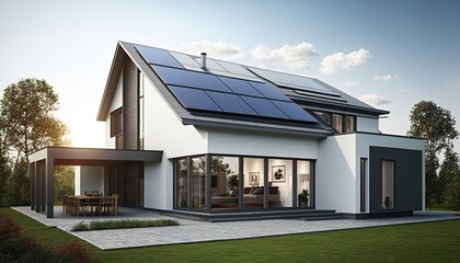 Solar panels on the roof of a beautiful modern home. Generative ai - obrazy, fototapety, plakaty